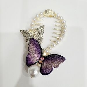 Brand New Gold Tone Rhinestone Purple Butterfly Hair Accessories
